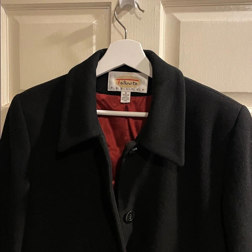 Talbots long black wool and cashmere blend coat. Sz 8 petite, Mid thigh length - Picture 2 of 7